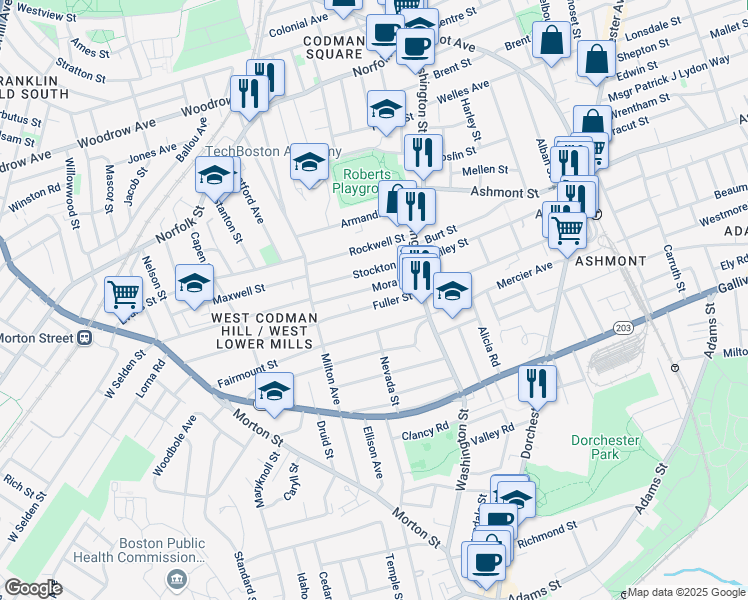 map of restaurants, bars, coffee shops, grocery stores, and more near 44 Mora Street in Boston