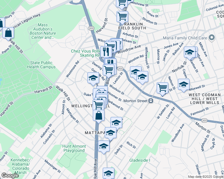 map of restaurants, bars, coffee shops, grocery stores, and more near 22 Woolson Street in Boston