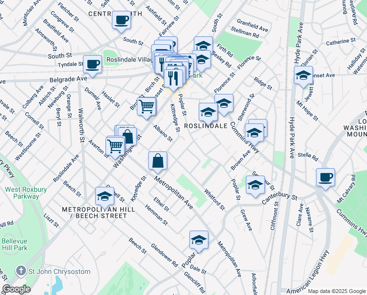 map of restaurants, bars, coffee shops, grocery stores, and more near 15-17 Augustus Avenue in Boston