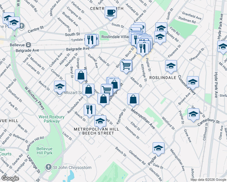 map of restaurants, bars, coffee shops, grocery stores, and more near 4387 Washington Street in Boston