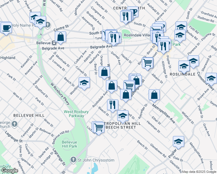 map of restaurants, bars, coffee shops, grocery stores, and more near 145-147 Walworth Street in Boston
