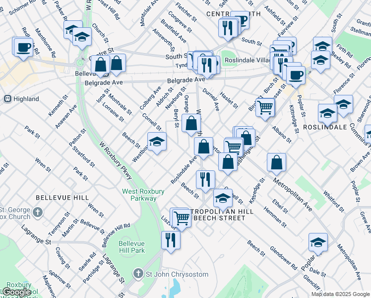 map of restaurants, bars, coffee shops, grocery stores, and more near 317 Cornell Street in Boston