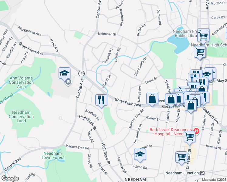 map of restaurants, bars, coffee shops, grocery stores, and more near 25 Ware Road in Needham