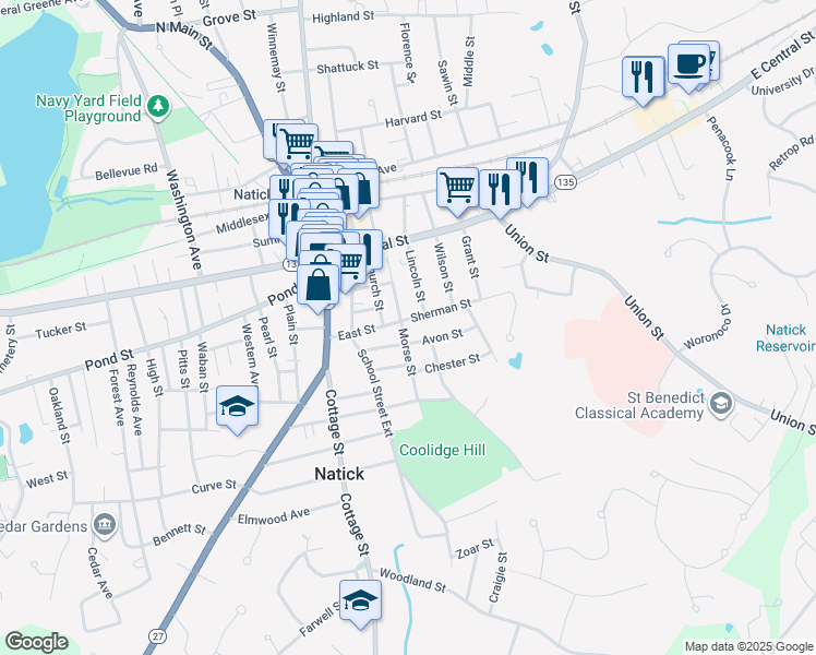 map of restaurants, bars, coffee shops, grocery stores, and more near 25 Morse Street in Natick