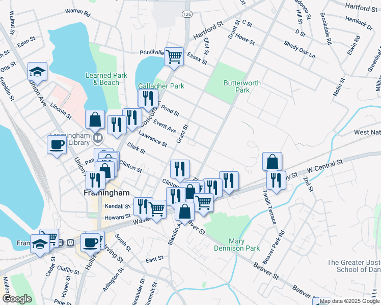 map of restaurants, bars, coffee shops, grocery stores, and more near 7 Everit Circle in Framingham