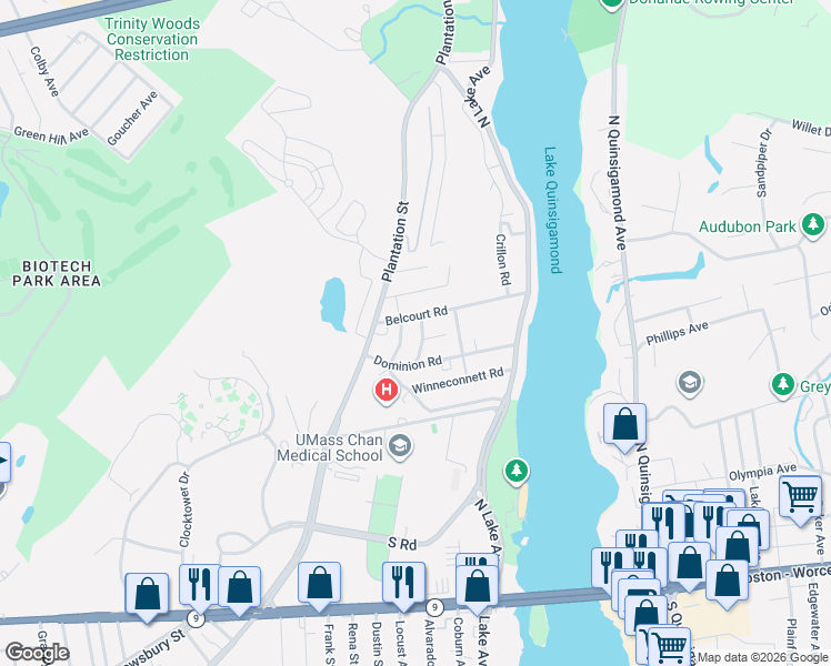 map of restaurants, bars, coffee shops, grocery stores, and more near 13 Pocono Road in Worcester