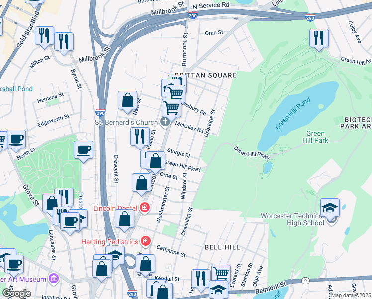 map of restaurants, bars, coffee shops, grocery stores, and more near 54 Windsor Street in Worcester
