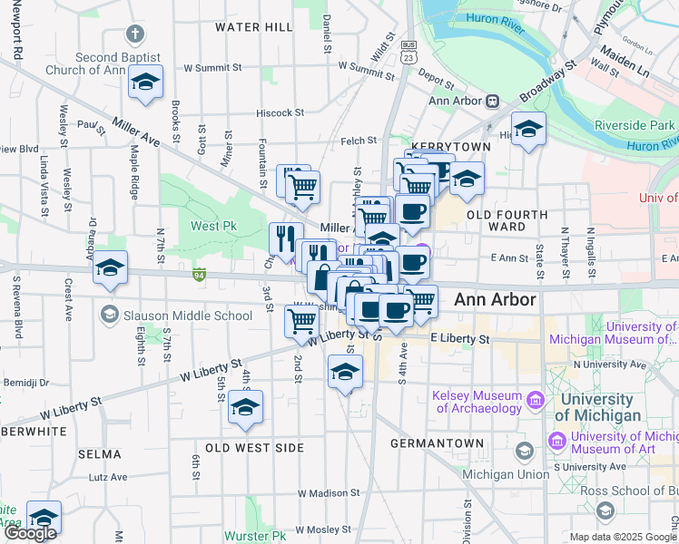 map of restaurants, bars, coffee shops, grocery stores, and more near 115 North 1st Street in Ann Arbor