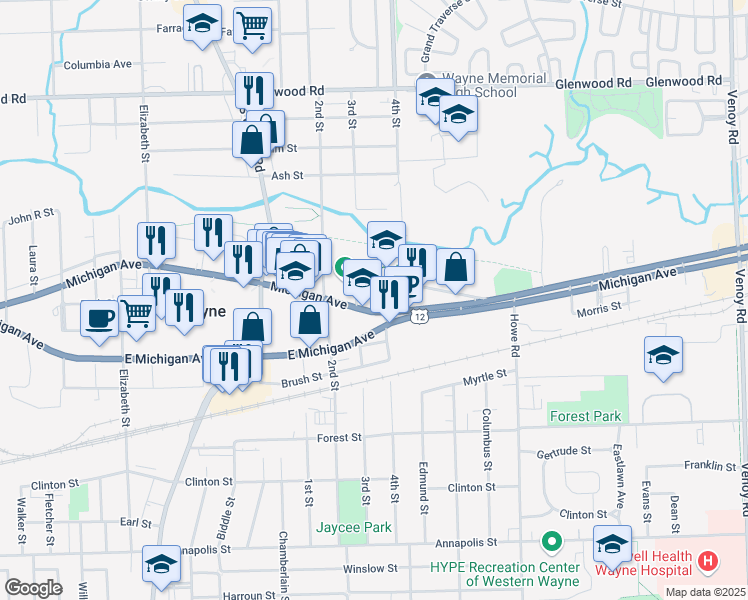 map of restaurants, bars, coffee shops, grocery stores, and more near 34500 West Michigan Avenue in Wayne