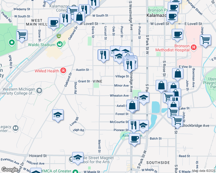 map of restaurants, bars, coffee shops, grocery stores, and more near 716 Minor Avenue in Kalamazoo