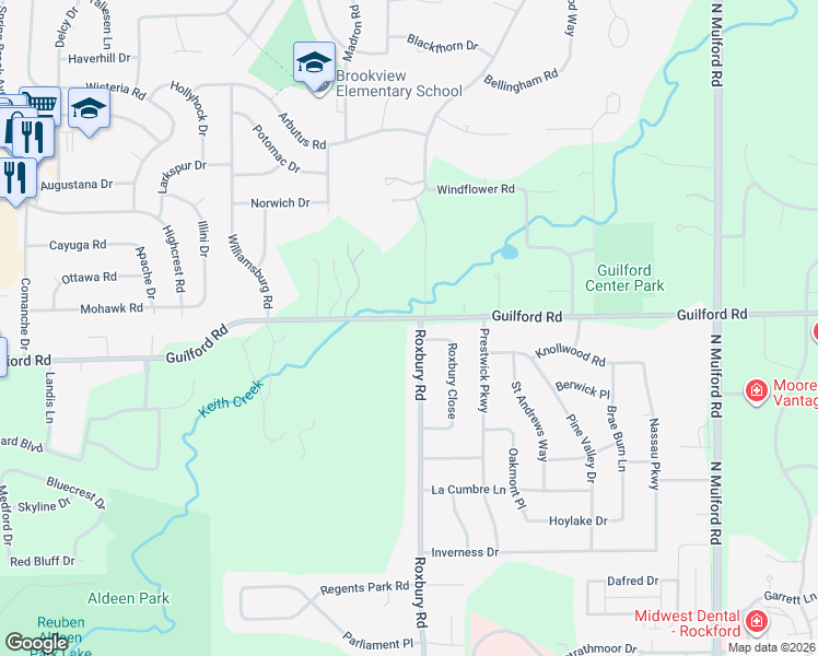 map of restaurants, bars, coffee shops, grocery stores, and more near 1286 Roxbury Road in Rockford