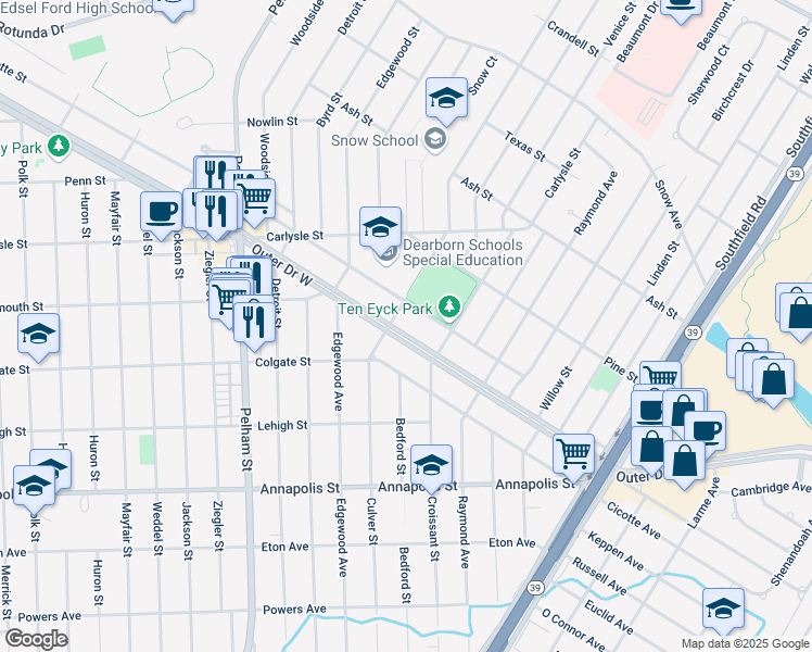 map of restaurants, bars, coffee shops, grocery stores, and more near 18355 Audette Street in Dearborn