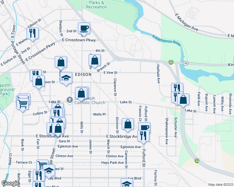 map of restaurants, bars, coffee shops, grocery stores, and more near 925 Clarence Street in Kalamazoo