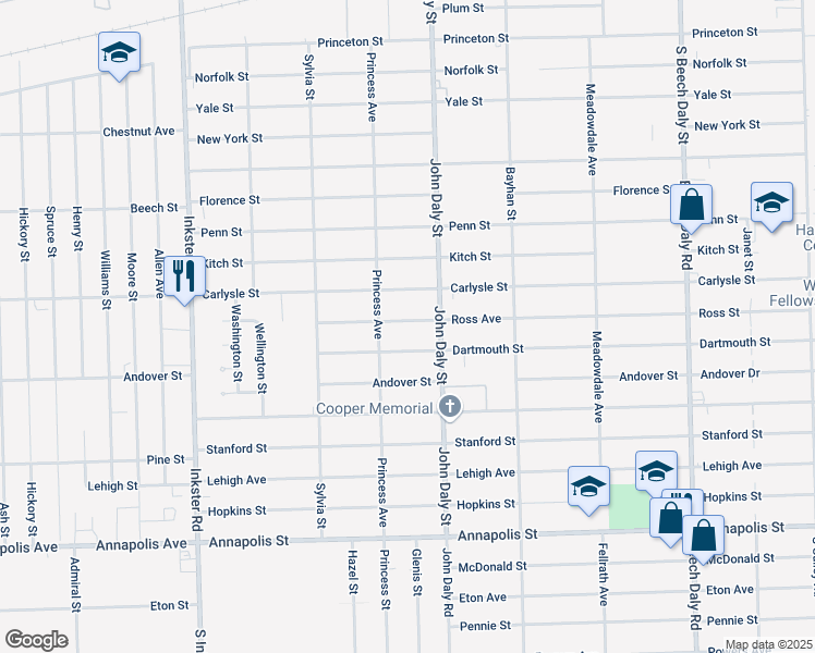 map of restaurants, bars, coffee shops, grocery stores, and more near 26669 Ross Street in Inkster