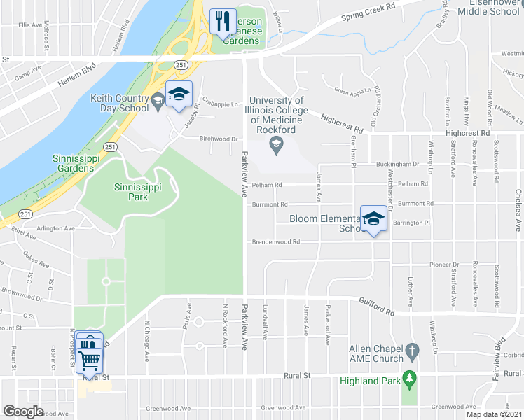 map of restaurants, bars, coffee shops, grocery stores, and more near 2319 Burrmont Road in Rockford