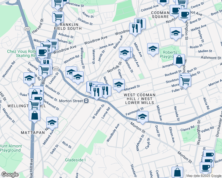 map of restaurants, bars, coffee shops, grocery stores, and more near 50 Nelson Street in Boston
