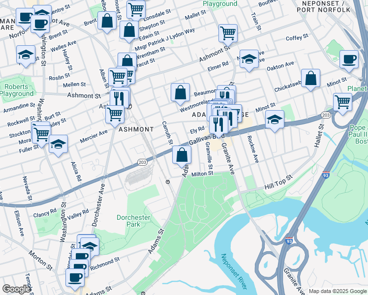 map of restaurants, bars, coffee shops, grocery stores, and more near 424 Gallivan Boulevard in Boston