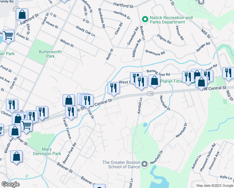 map of restaurants, bars, coffee shops, grocery stores, and more near 295 West Central Street in Natick