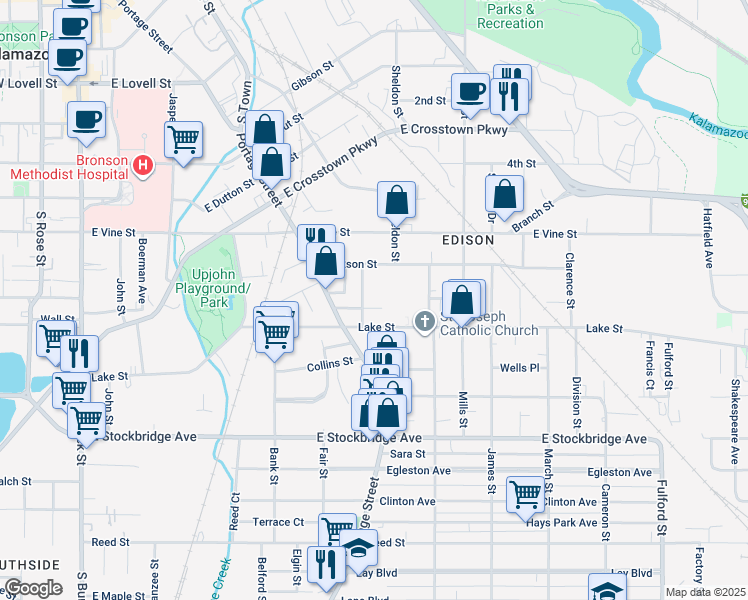 map of restaurants, bars, coffee shops, grocery stores, and more near 809 Harrigan Court in Kalamazoo