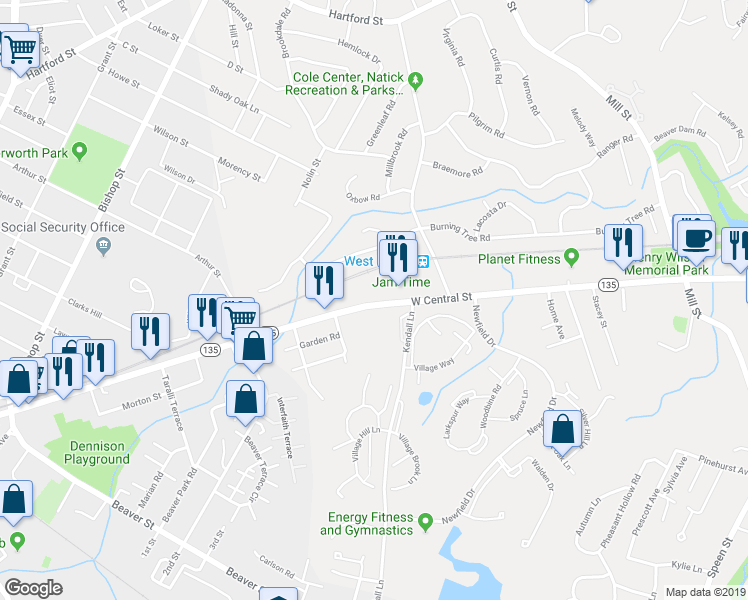 map of restaurants, bars, coffee shops, grocery stores, and more near 283 West Central Street in Natick