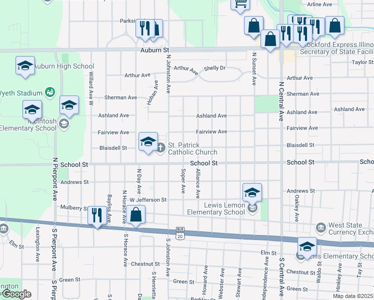 map of restaurants, bars, coffee shops, grocery stores, and more near 2316 Blaisdell Street in Rockford