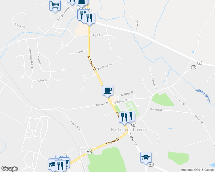 map of restaurants, bars, coffee shops, grocery stores, and more near 30 North Main Street in Belchertown