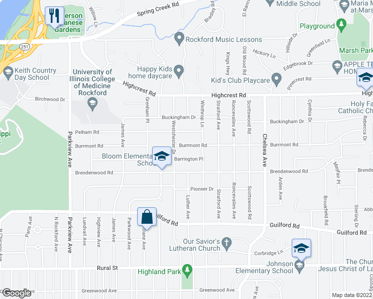 map of restaurants, bars, coffee shops, grocery stores, and more near 3023 Burrmont Road in Rockford