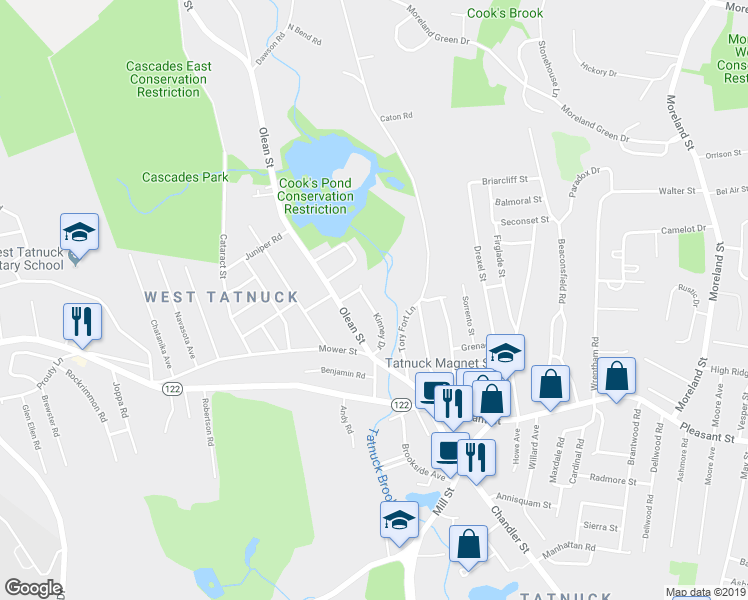 map of restaurants, bars, coffee shops, grocery stores, and more near 22 Kinney Drive in Worcester