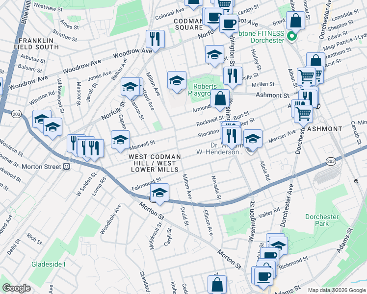 map of restaurants, bars, coffee shops, grocery stores, and more near 104 Milton Avenue in Boston