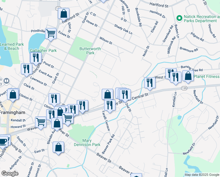 map of restaurants, bars, coffee shops, grocery stores, and more near 21 B Willis Street in Framingham
