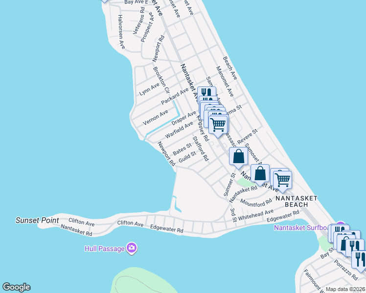 map of restaurants, bars, coffee shops, grocery stores, and more near 45 Bates Street in Hull