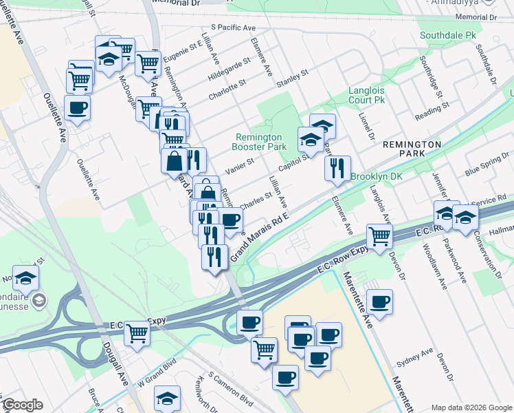 map of restaurants, bars, coffee shops, grocery stores, and more near in Windsor
