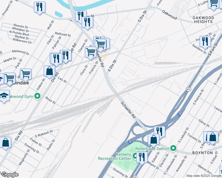 map of restaurants, bars, coffee shops, grocery stores, and more near 1051 Schaefer Highway in Detroit
