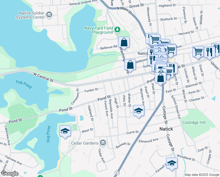 map of restaurants, bars, coffee shops, grocery stores, and more near 9 High Street in Natick