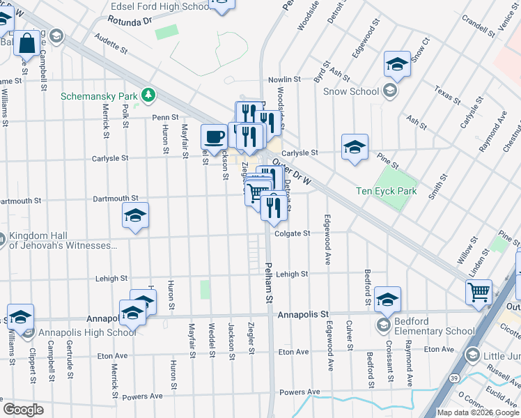 map of restaurants, bars, coffee shops, grocery stores, and more near 3932 Pelham Street in Dearborn Heights