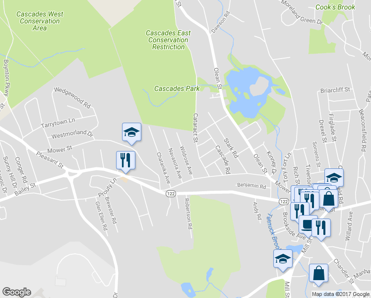 map of restaurants, bars, coffee shops, grocery stores, and more near 36 Wildrose Avenue in Worcester