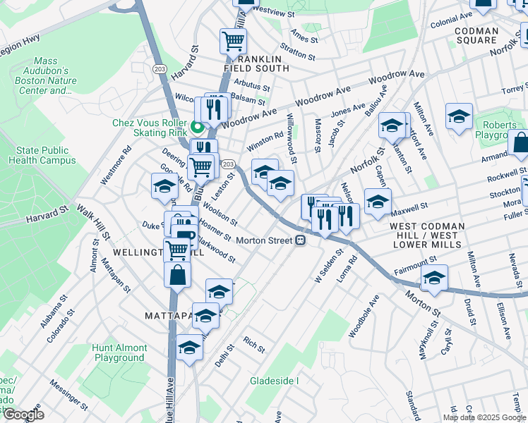 map of restaurants, bars, coffee shops, grocery stores, and more near 815 Morton Street in Boston