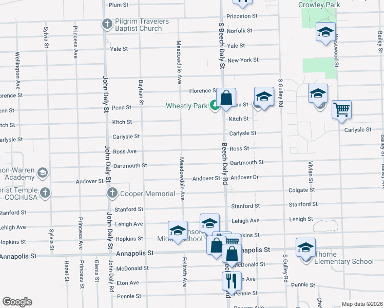 map of restaurants, bars, coffee shops, grocery stores, and more near 25937 Ross Street in Inkster