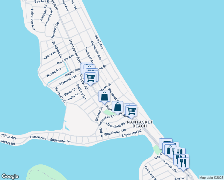 map of restaurants, bars, coffee shops, grocery stores, and more near 64 Samoset Avenue in Hull