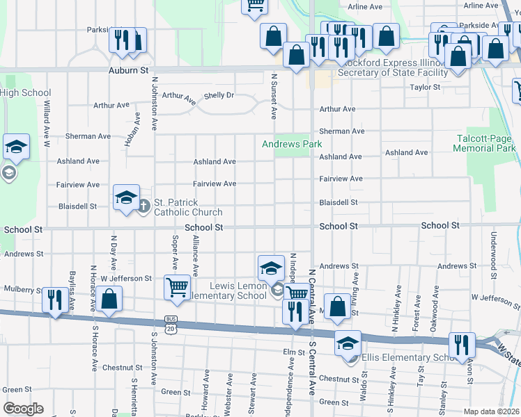 map of restaurants, bars, coffee shops, grocery stores, and more near 521 Albert Avenue in Rockford
