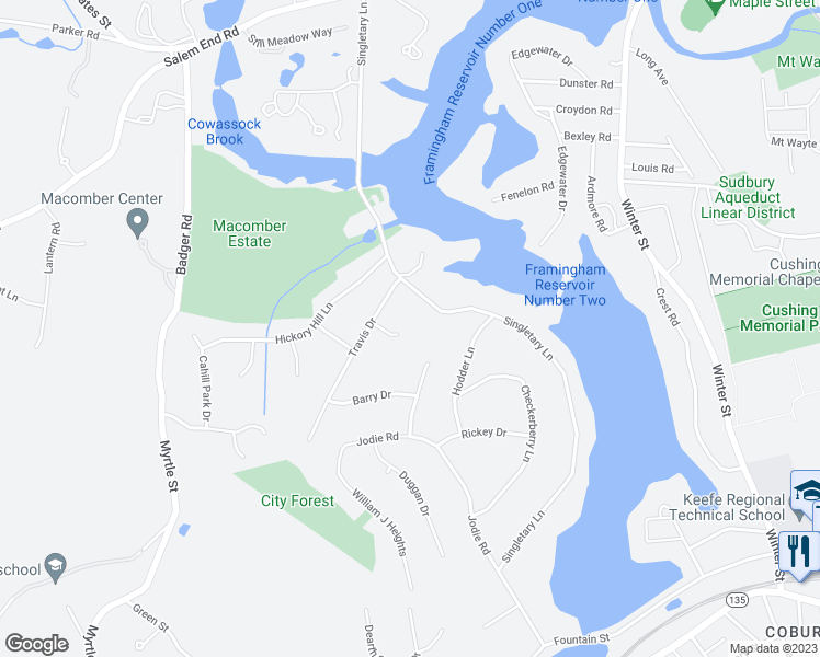 map of restaurants, bars, coffee shops, grocery stores, and more near 6 Lanes End in Framingham