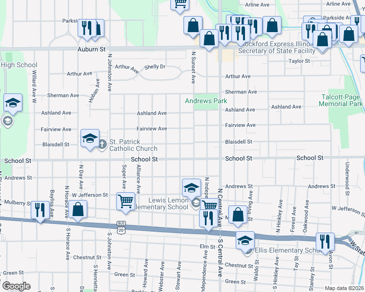 map of restaurants, bars, coffee shops, grocery stores, and more near 521 Albert Avenue in Rockford