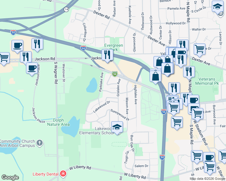 map of restaurants, bars, coffee shops, grocery stores, and more near 3066 Lakeview Drive in Ann Arbor