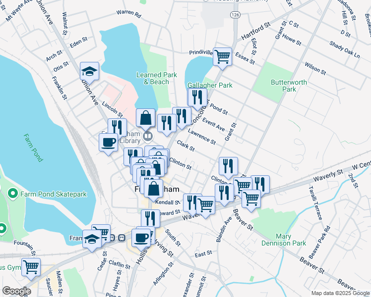 map of restaurants, bars, coffee shops, grocery stores, and more near 27 Clark Street in Framingham