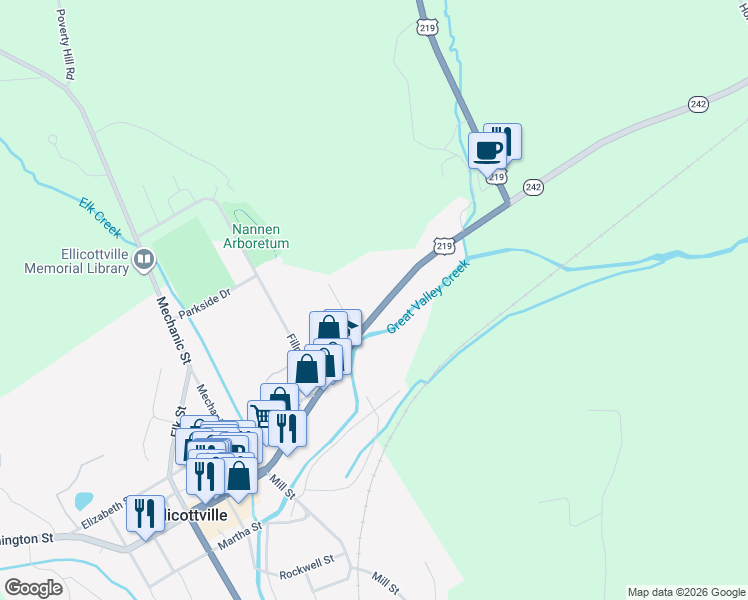 map of restaurants, bars, coffee shops, grocery stores, and more near 6422 New York 242 in Ellicottville