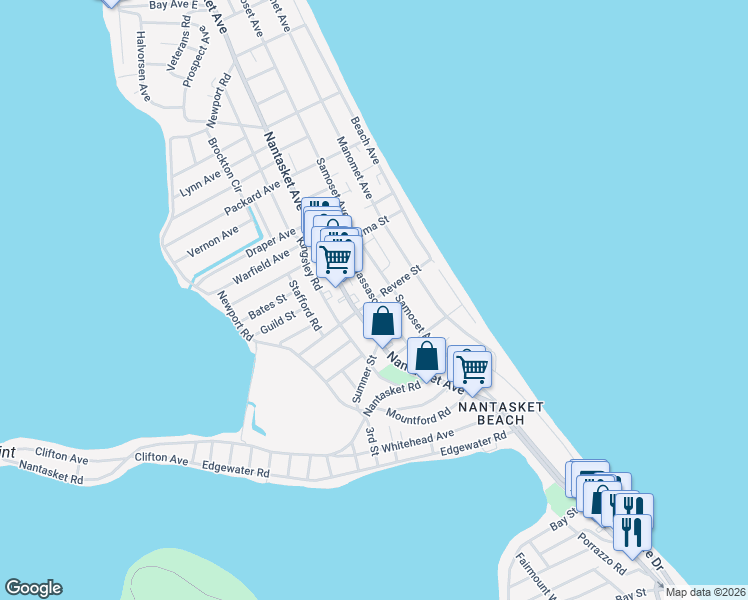 map of restaurants, bars, coffee shops, grocery stores, and more near Massasoit Avenue in Hull