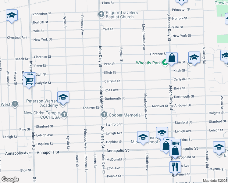 map of restaurants, bars, coffee shops, grocery stores, and more near 26401 Ross Street in Inkster
