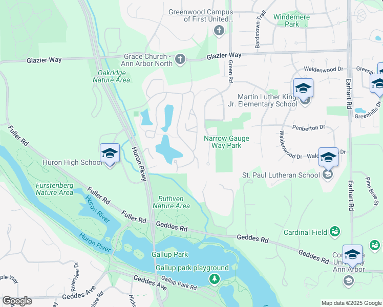 map of restaurants, bars, coffee shops, grocery stores, and more near 601 Watersedge Drive in Ann Arbor