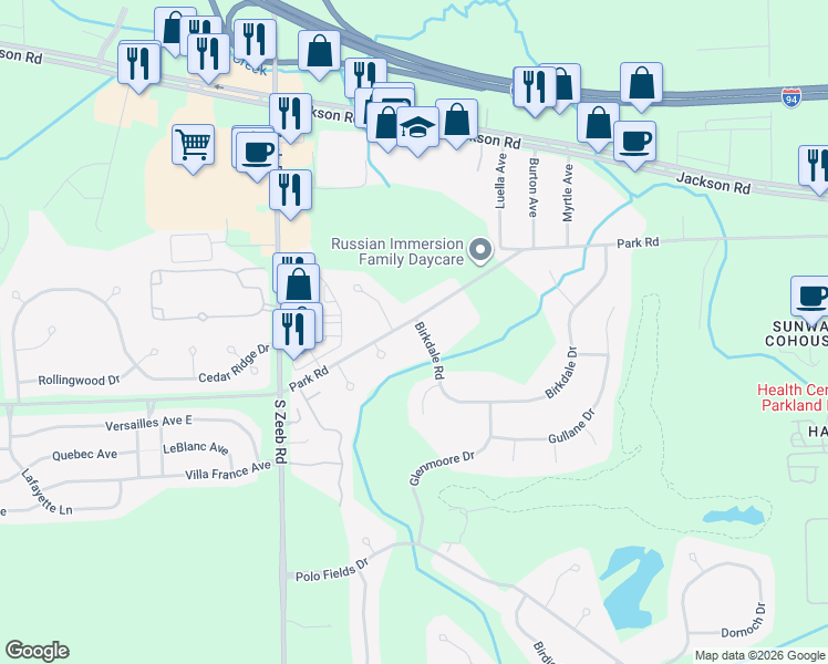 map of restaurants, bars, coffee shops, grocery stores, and more near 5227 Birkdale Drive in Ann Arbor