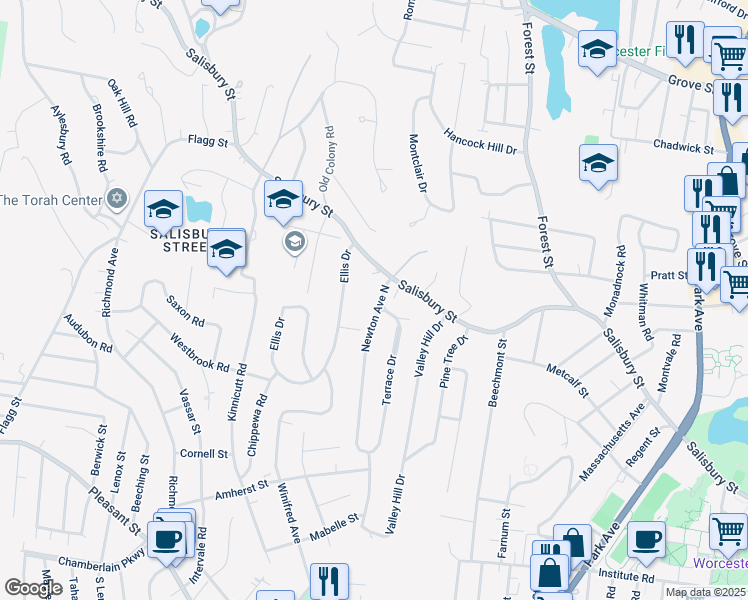 map of restaurants, bars, coffee shops, grocery stores, and more near 145 Newton Avenue North in Worcester